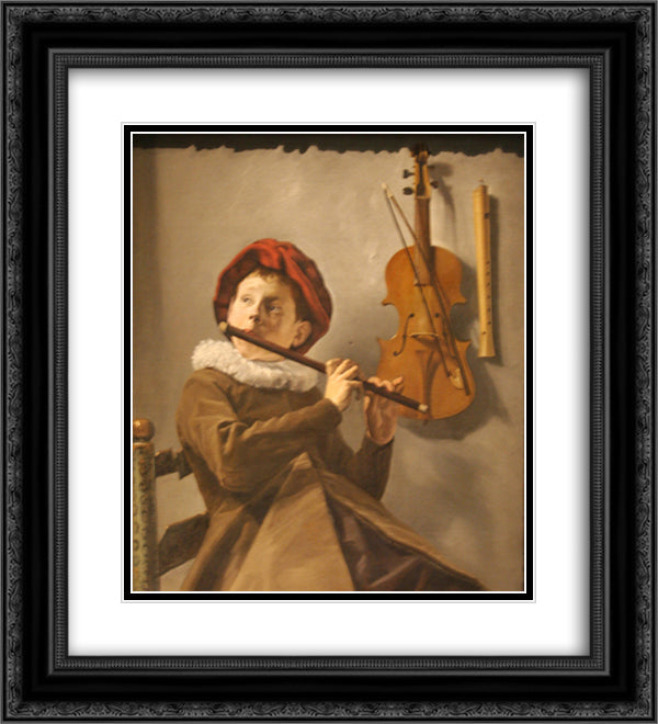 Boy Playing the Flute 20x22 Black Ornate Wood Framed Art Print Poster with Double Matting by Leyster, Judith