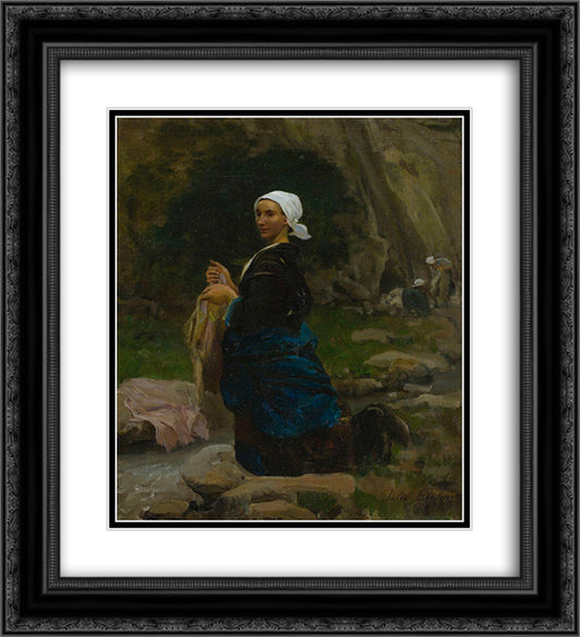 A Breton Laundress 20x22 Black Ornate Wood Framed Art Print Poster with Double Matting by Breton, Jules