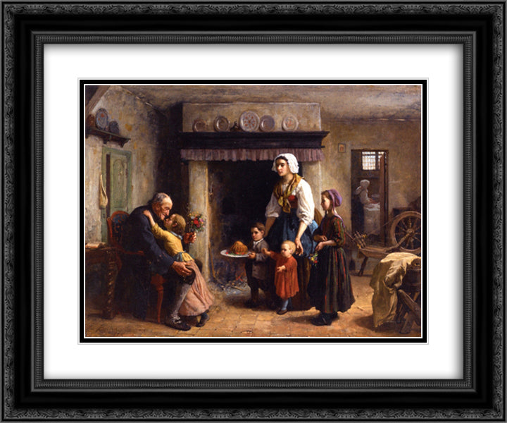 A Party for Grandfather 24x20 Black Ornate Wood Framed Art Print Poster with Double Matting by Breton, Jules
