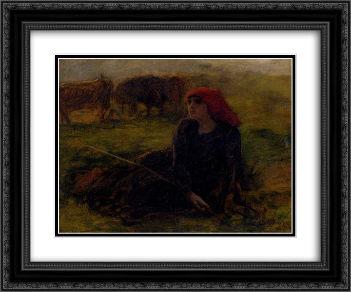 Bergere Dans Un Pre 24x20 Black Ornate Wood Framed Art Print Poster with Double Matting by Breton, Jules