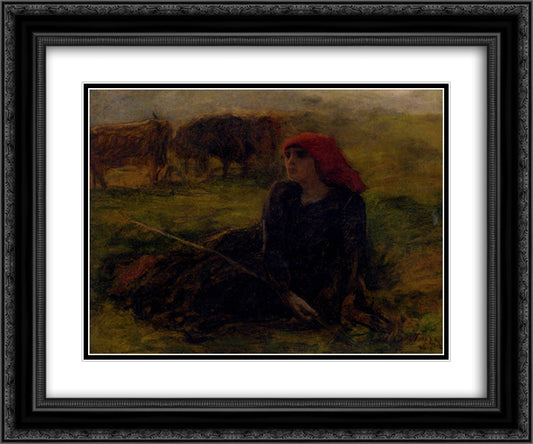 Bergere Dans Un Pre 24x20 Black Ornate Wood Framed Art Print Poster with Double Matting by Breton, Jules