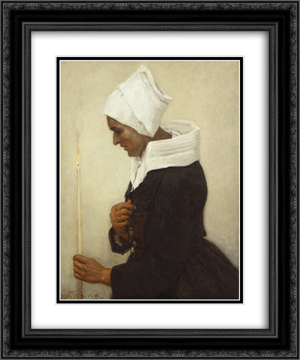 Breton Peasant Woman Holding a Taper 20x24 Black Ornate Wood Framed Art Print Poster with Double Matting by Breton, Jules