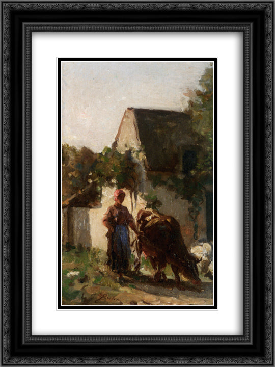 Cowheard 18x24 Black Ornate Wood Framed Art Print Poster with Double Matting by Breton, Jules