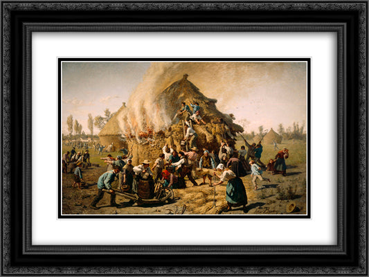Fire in a Haystack 24x18 Black Ornate Wood Framed Art Print Poster with Double Matting by Breton, Jules