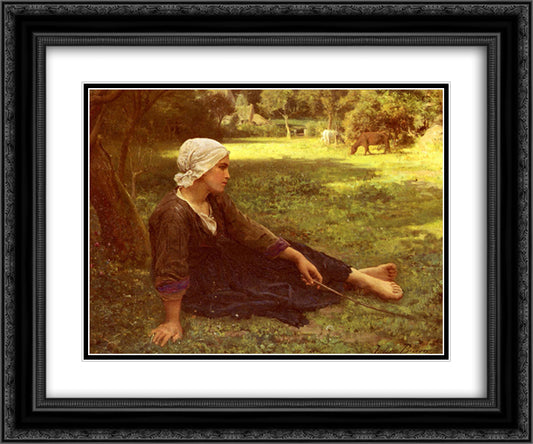 Girl Guarding the Cows 24x20 Black Ornate Wood Framed Art Print Poster with Double Matting by Breton, Jules