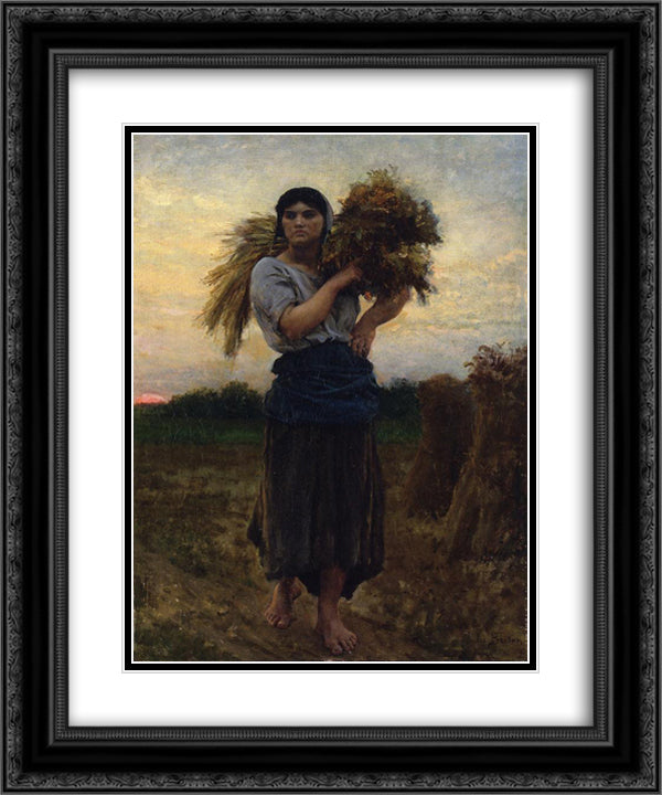 In the Fields, Evening 20x24 Black Ornate Wood Framed Art Print Poster with Double Matting by Breton, Jules