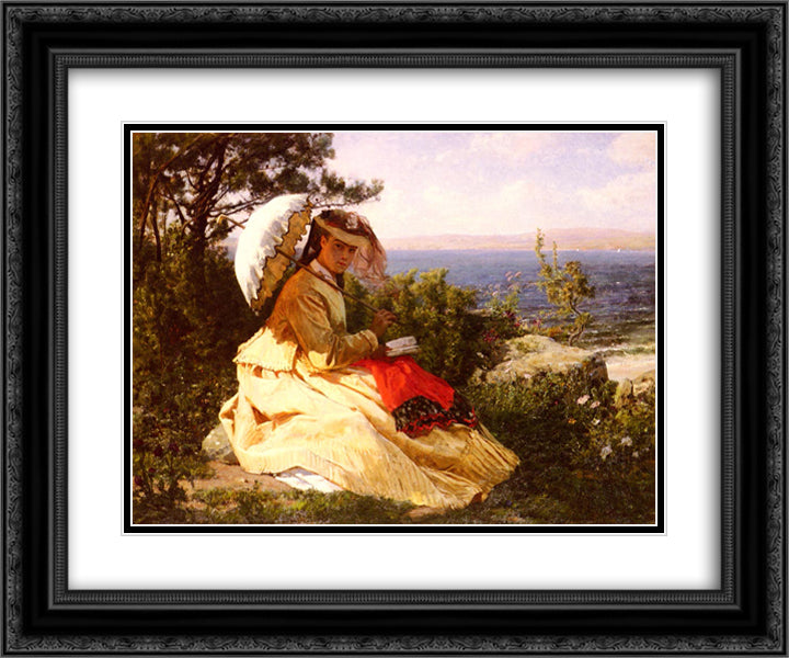 La Femme A L'ombrelle 24x20 Black Ornate Wood Framed Art Print Poster with Double Matting by Breton, Jules
