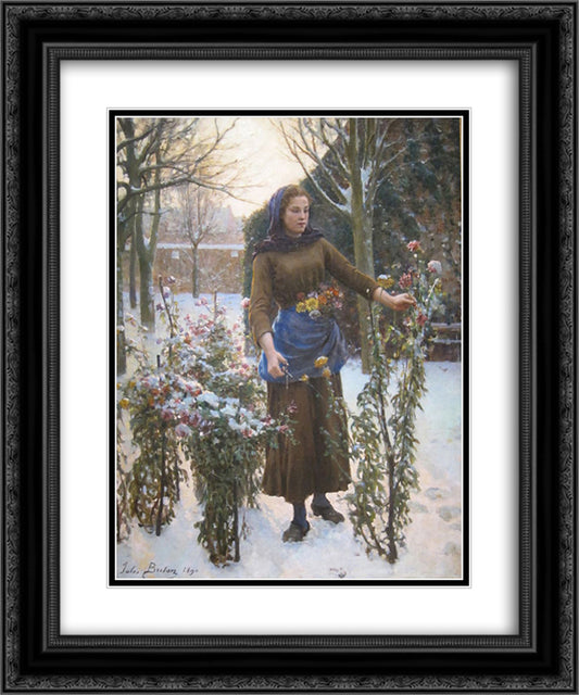 Last Flowers 20x24 Black Ornate Wood Framed Art Print Poster with Double Matting by Breton, Jules