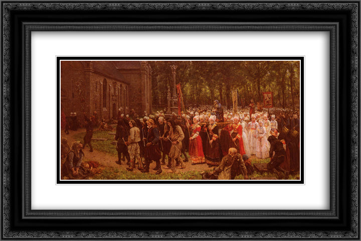 Le Pardon De Kergoat 24x16 Black Ornate Wood Framed Art Print Poster with Double Matting by Breton, Jules