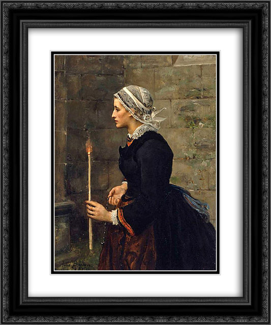 Woman with a Taper 20x24 Black Ornate Wood Framed Art Print Poster with Double Matting by Breton, Jules
