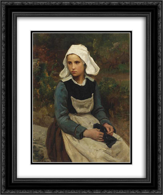 Young Brittany girl knitting 20x24 Black Ornate Wood Framed Art Print Poster with Double Matting by Breton, Jules