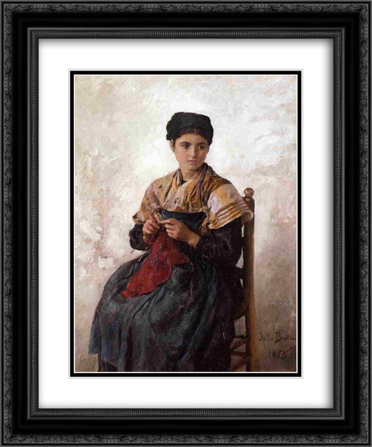 Young Woman Knitting 20x24 Black Ornate Wood Framed Art Print Poster with Double Matting by Breton, Jules