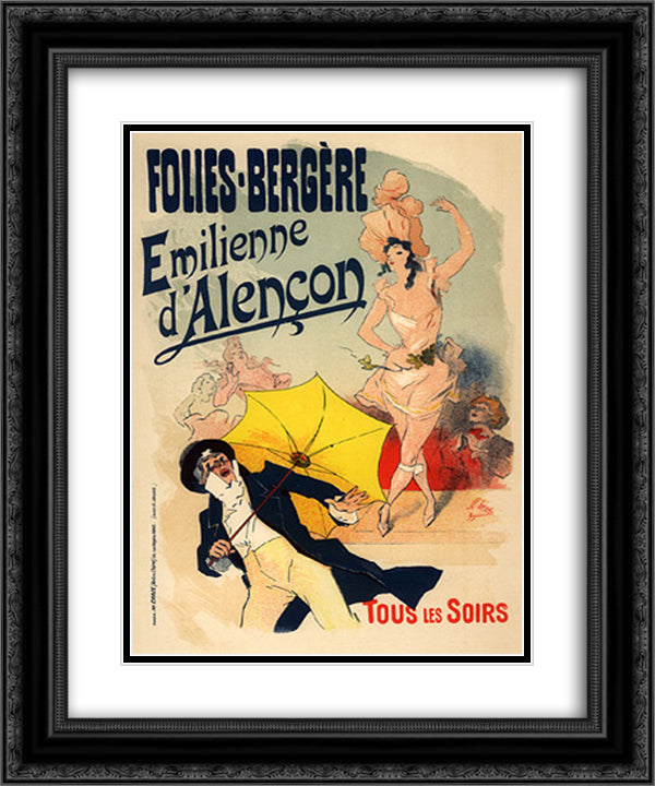 Folies Bergeres, Emilienne d'Alencon 20x24 Black Ornate Wood Framed Art Print Poster with Double Matting by Cheret, Jules