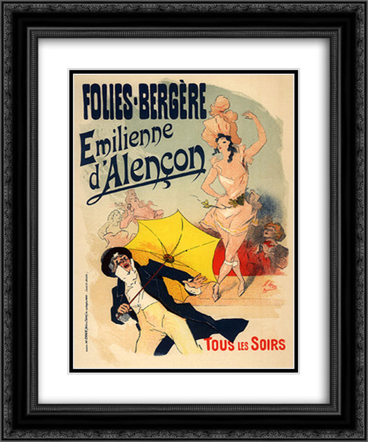 Folies Bergeres, Emilienne d'Alencon 20x24 Black Ornate Wood Framed Art Print Poster with Double Matting by Cheret, Jules