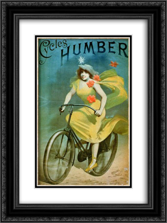 Humber Cycles 18x24 Black Ornate Wood Framed Art Print Poster with Double Matting by Cheret, Jules