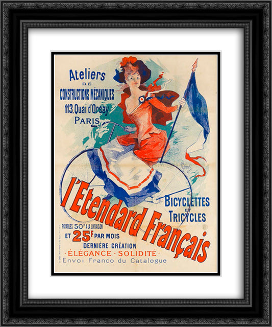 L'Etendard Francais (Quai d'Orsay Bicycle Shop) 20x24 Black Ornate Wood Framed Art Print Poster with Double Matting by Cheret, Jules
