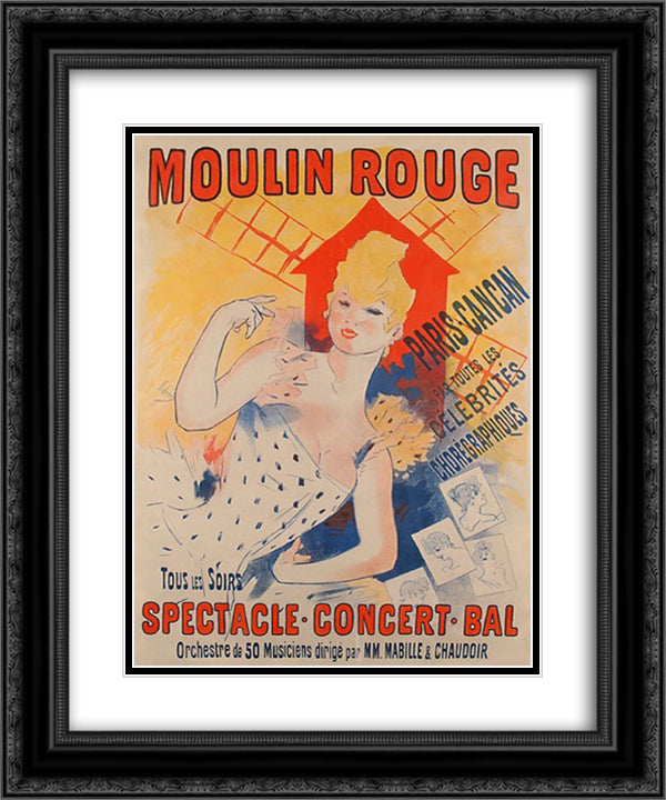 Moulin Rouge, Paris, Cancan 20x24 Black Ornate Wood Framed Art Print Poster with Double Matting by Cheret, Jules
