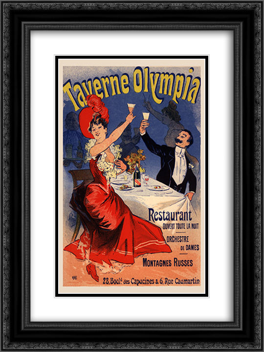 Taverne Olympia, Restaurant 18x24 Black Ornate Wood Framed Art Print Poster with Double Matting by Cheret, Jules