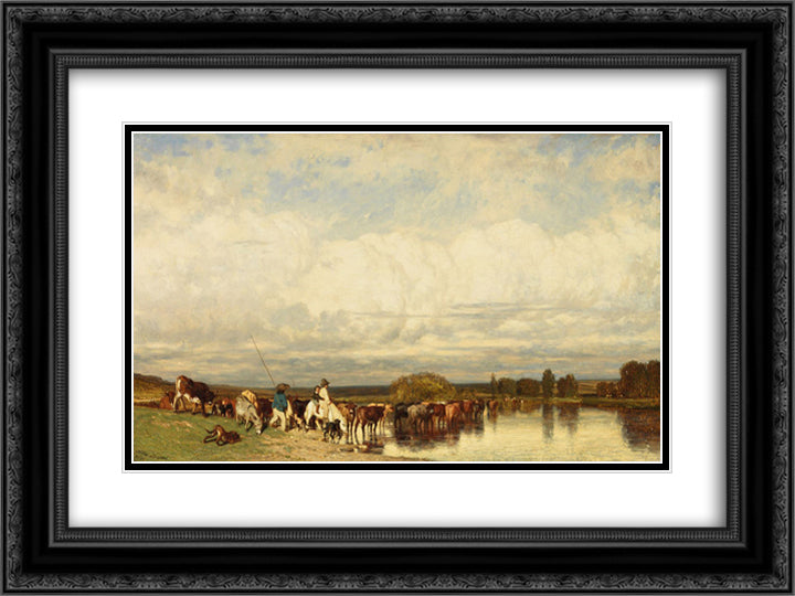 Cows crossing a ford 24x18 Black Ornate Wood Framed Art Print Poster with Double Matting by Dupre, Jules