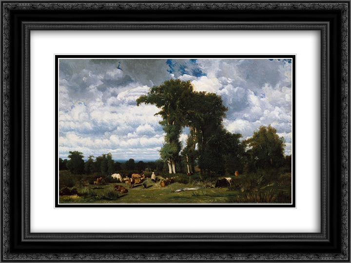 Landscape with Cattle at Limousin 24x18 Black Ornate Wood Framed Art Print Poster with Double Matting by Dupre, Jules
