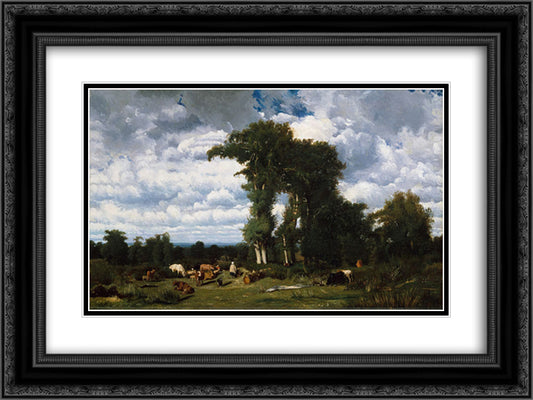 Landscape with Cattle at Limousin 24x18 Black Ornate Wood Framed Art Print Poster with Double Matting by Dupre, Jules
