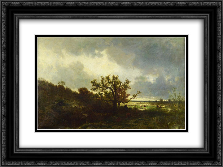 Landscape with Oaktree 24x18 Black Ornate Wood Framed Art Print Poster with Double Matting by Dupre, Jules