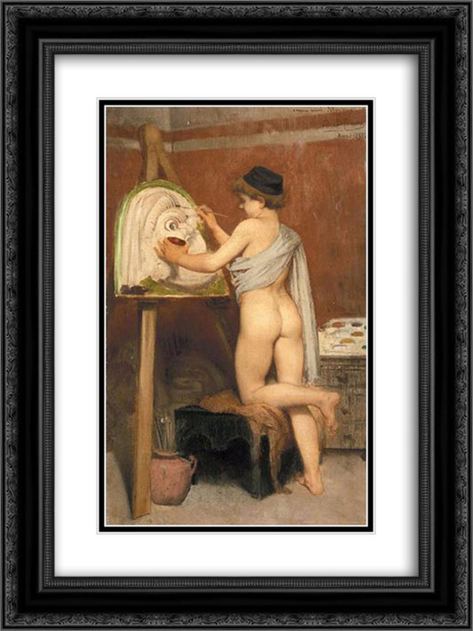 Boy Painting a Tragic Mask 18x24 Black Ornate Wood Framed Art Print Poster with Double Matting by Lefebvre, Jules Joseph