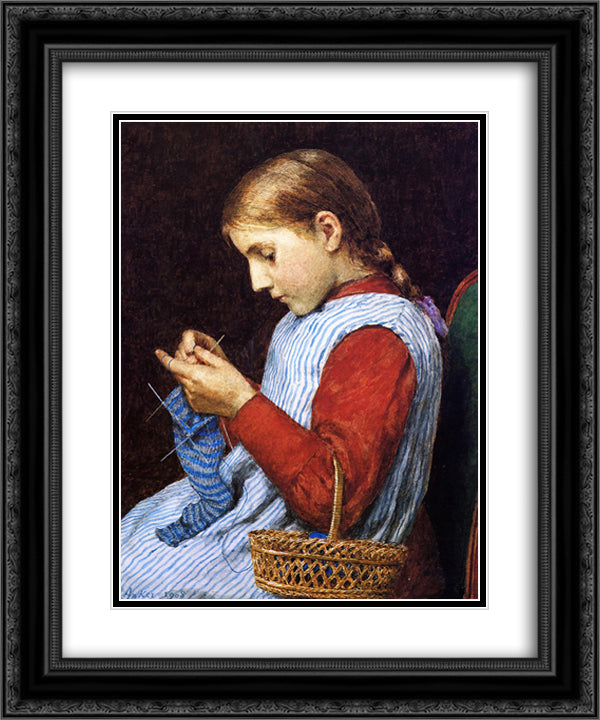 Girl Knitting 20x24 Black Ornate Wood Framed Art Print Poster with Double Matting by Weir, Julian Alden