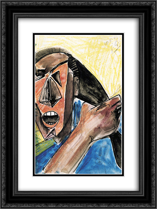 Visage criant a la grande main 18x24 Black Ornate Wood Framed Art Print Poster with Double Matting by Gonzalez, Julio