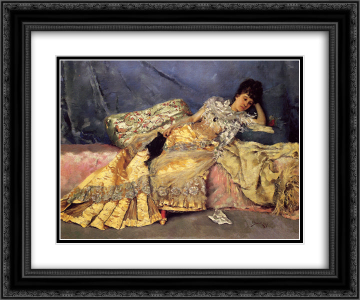 Lady On A Pink Divan 24x20 Black Ornate Wood Framed Art Print Poster with Double Matting by Stewart, Julius LeBlanc