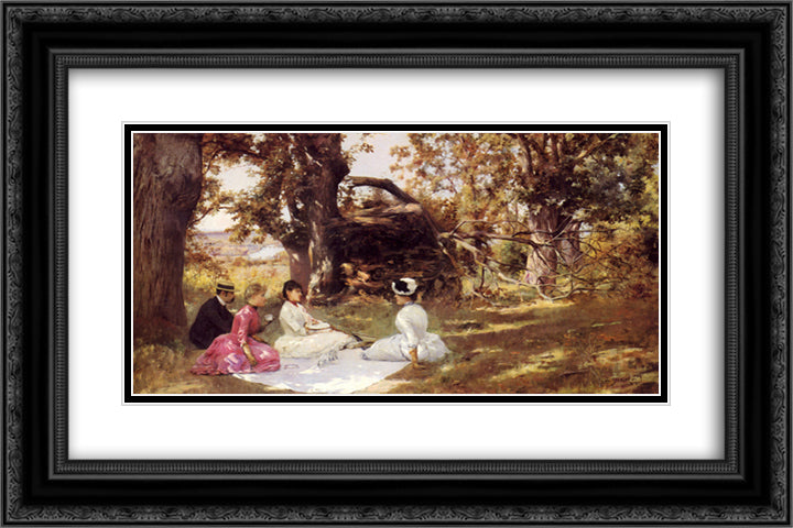Picnic Under The Trees 24x16 Black Ornate Wood Framed Art Print Poster with Double Matting by Stewart, Julius LeBlanc