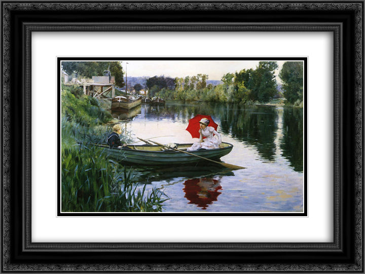 Quiet Day on the Seine 24x18 Black Ornate Wood Framed Art Print Poster with Double Matting by Stewart, Julius LeBlanc