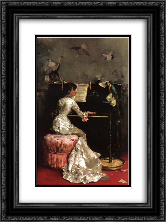 Young Woman at Piano 18x24 Black Ornate Wood Framed Art Print Poster with Double Matting by Stewart, Julius LeBlanc