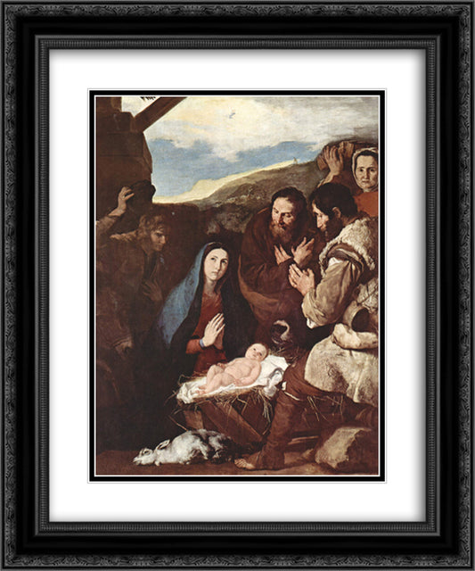 Adoration of the Shepherds 20x24 Black Ornate Wood Framed Art Print Poster with Double Matting by Ribera, Jusepe de