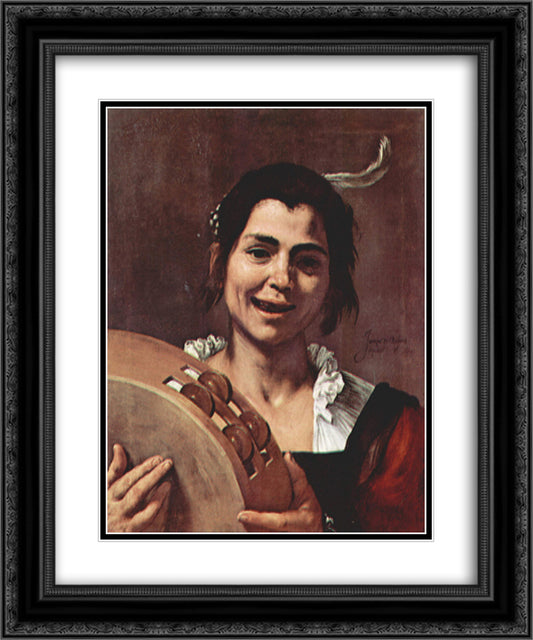 Girl with Tambourine 20x24 Black Ornate Wood Framed Art Print Poster with Double Matting by Ribera, Jusepe de