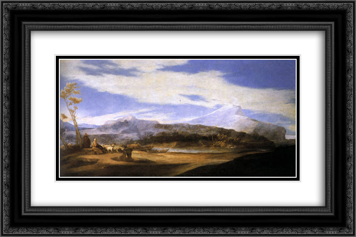 Landscape with Shepherds 24x16 Black Ornate Wood Framed Art Print Poster with Double Matting by Ribera, Jusepe de