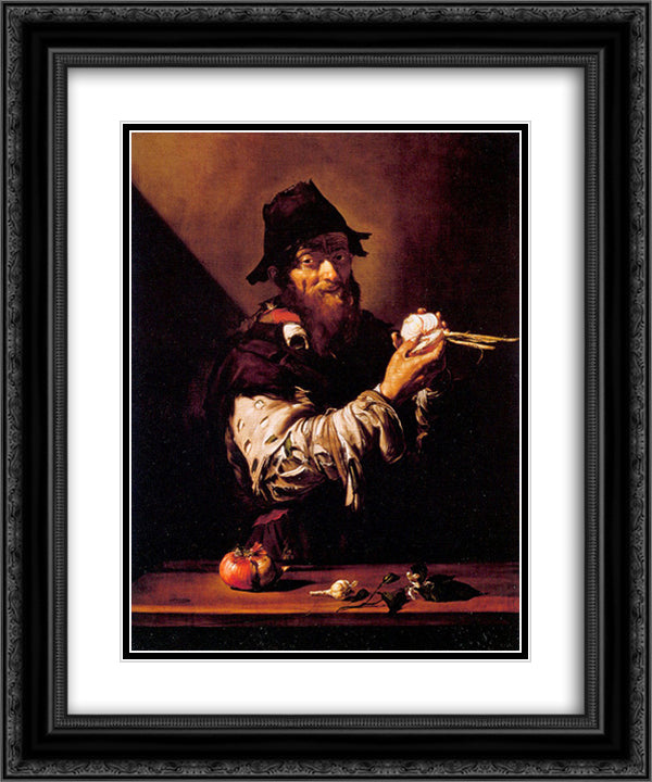 Portrait of an Old Man with an Onion 20x24 Black Ornate Wood Framed Art Print Poster with Double Matting by Ribera, Jusepe de