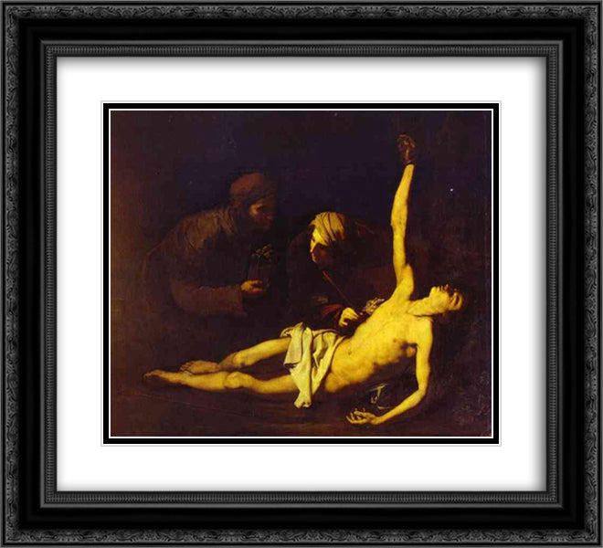 Saint Sebastian Attended by Saint Irene 22x20 Black Ornate Wood Framed Art Print Poster with Double Matting by Ribera, Jusepe de