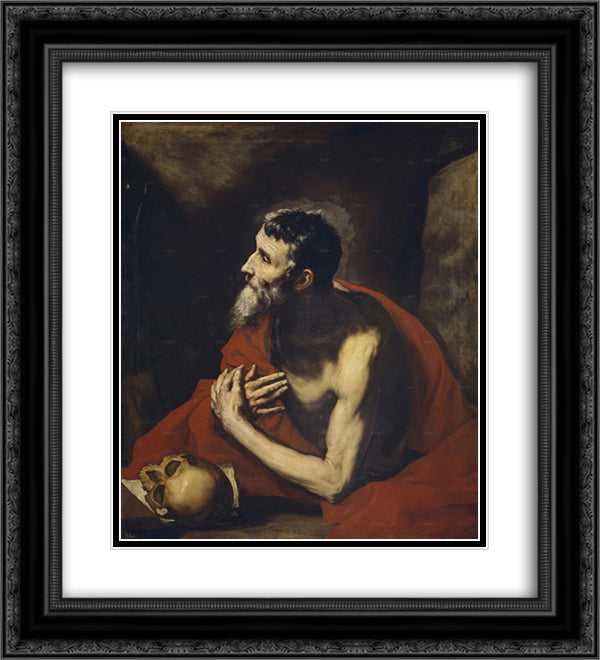 St. Jerome 20x22 Black Ornate Wood Framed Art Print Poster with Double Matting by Ribera, Jusepe de