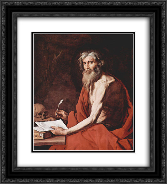 St. Jerome 20x22 Black Ornate Wood Framed Art Print Poster with Double Matting by Ribera, Jusepe de