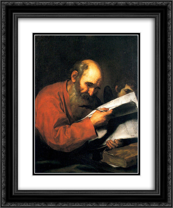 St. Matthew with the angel 20x24 Black Ornate Wood Framed Art Print Poster with Double Matting by Ribera, Jusepe de