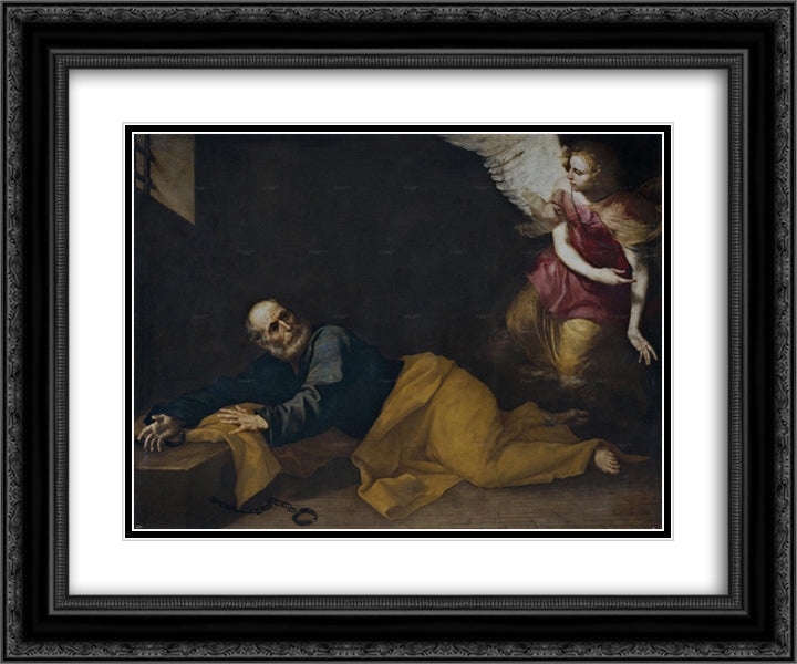 St. Peter Freed by an Angel 24x20 Black Ornate Wood Framed Art Print Poster with Double Matting by Ribera, Jusepe de