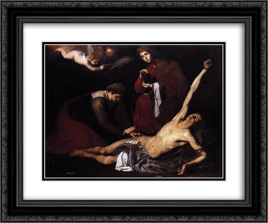 St. Sebastian Tended by the Holy Women 24x20 Black Ornate Wood Framed Art Print Poster with Double Matting by Ribera, Jusepe de