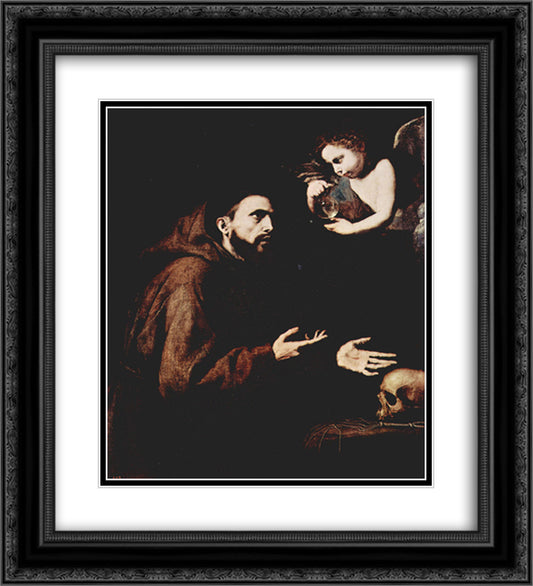 Vision of St. Francis of Assisi 20x22 Black Ornate Wood Framed Art Print Poster with Double Matting by Ribera, Jusepe de