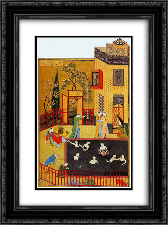 A miniature painting from the Iskandarnama 18x24 Black Ornate Wood Framed Art Print Poster with Double Matting by ud Din Behzad, Kamal