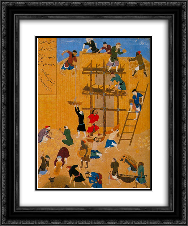 Construction of the fort of Kharnaq 20x24 Black Ornate Wood Framed Art Print Poster with Double Matting by ud Din Behzad, Kamal