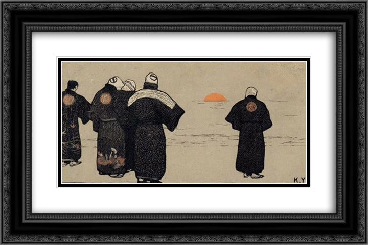 Fishermen 24x16 Black Ornate Wood Framed Art Print Poster with Double Matting by Yamamoto, Kanae