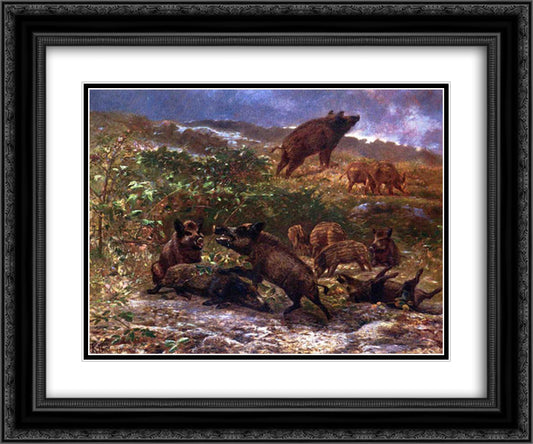 A Family of Wild Boar 24x20 Black Ornate Wood Framed Art Print Poster with Double Matting by Bodmer, Karl