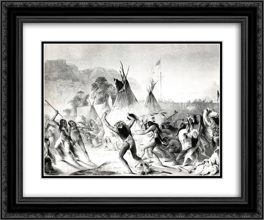 Assiniboin and Cree warriors attack Blackfeet 24x20 Black Ornate Wood Framed Art Print Poster with Double Matting by Bodmer, Karl