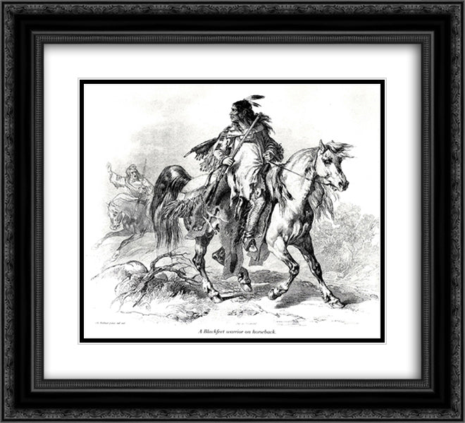 Blackfeet warrior on horseback 22x20 Black Ornate Wood Framed Art Print Poster with Double Matting by Bodmer, Karl